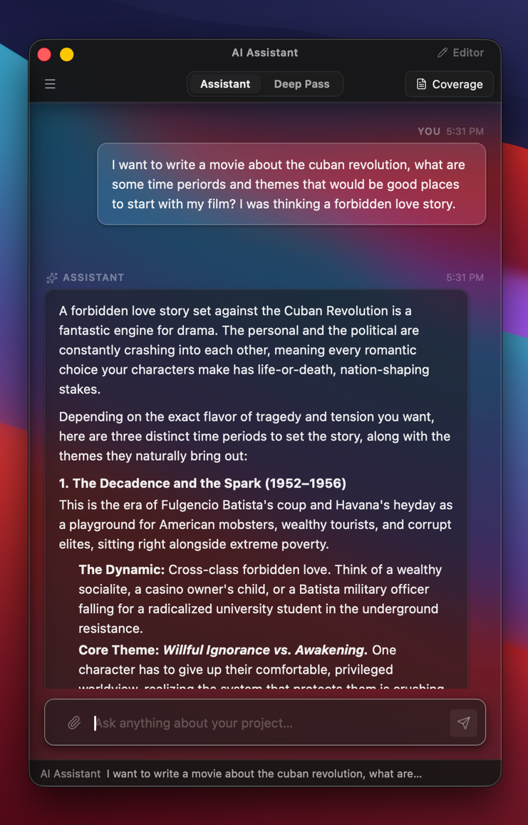 The DraftBerry Assistant reading a script and reporting notes (dark)