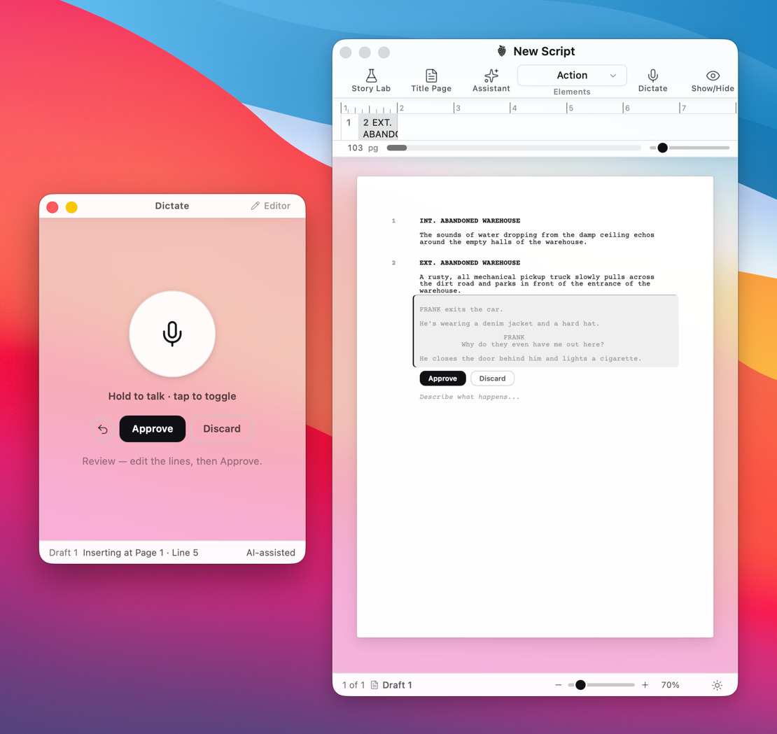 DraftBerry dictation review with Approve (light)