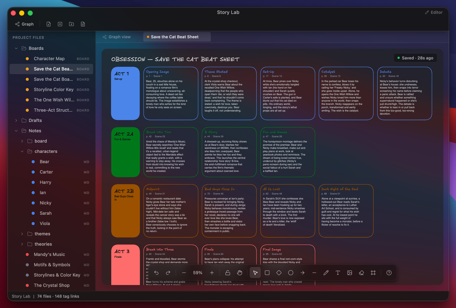 A Save the Cat beat sheet in DraftBerry Story Lab (dark)