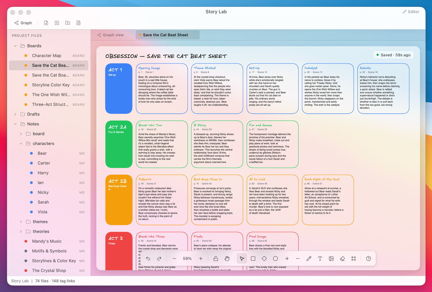 A Save the Cat beat sheet in DraftBerry Story Lab (light)