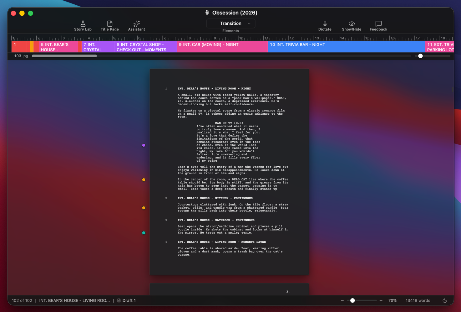 Writing a screenplay in the DraftBerry editor (dark)