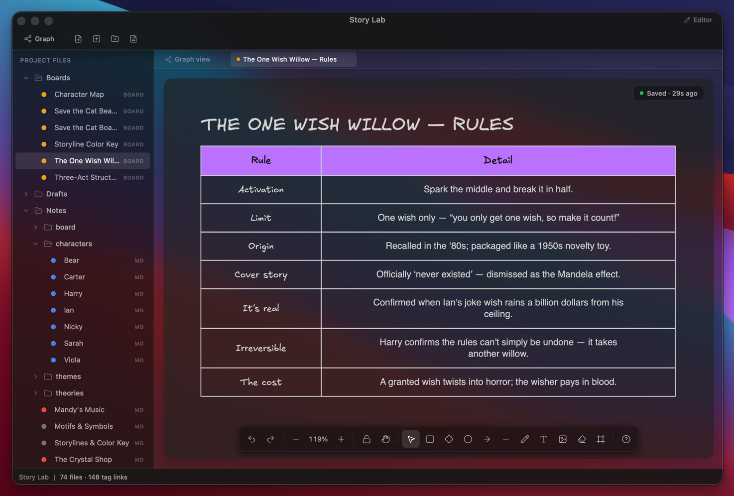 A worldbuilding rules table in DraftBerry Story Lab (dark)